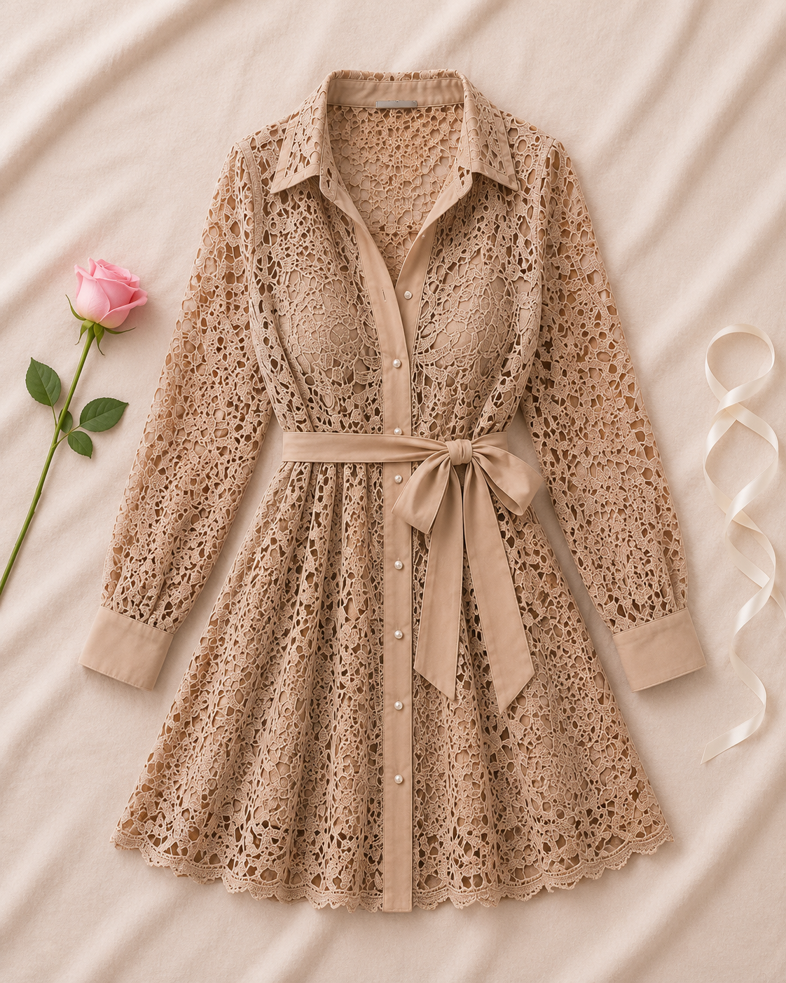 Fashion Temperament Lace Mini Lace Dress - Beige flat lay