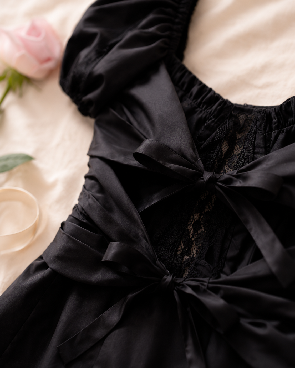 Puff Sleeve Lace Trim Bow Mini Dress - detail closeup