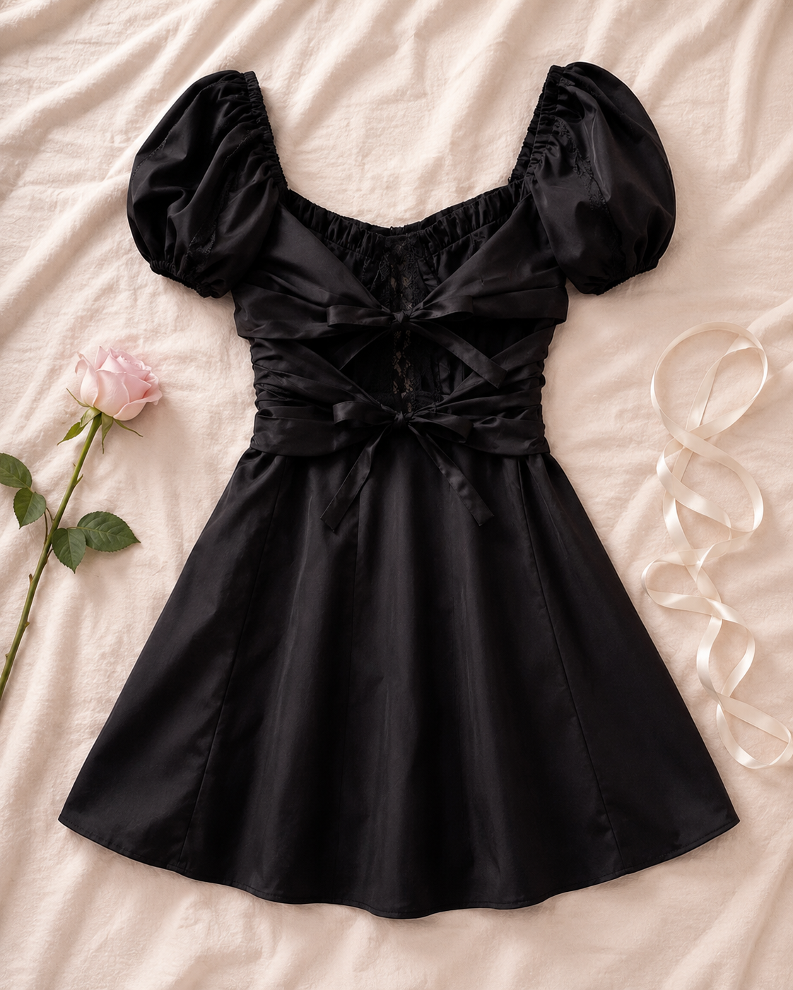 Puff Sleeve Lace Trim Bow Mini Dress - flat lay