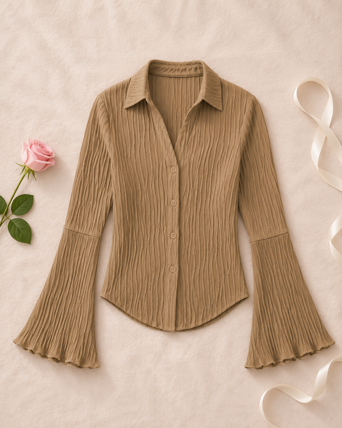Lapel Cardigan Flare Sleeve Blouse - Khaki flat lay