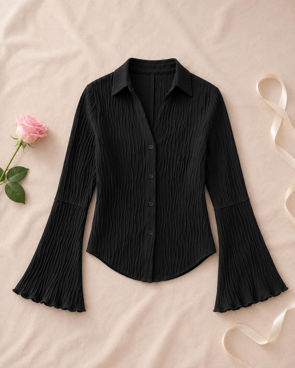 Lapel Cardigan Flare Sleeve Blouse - Black flat lay