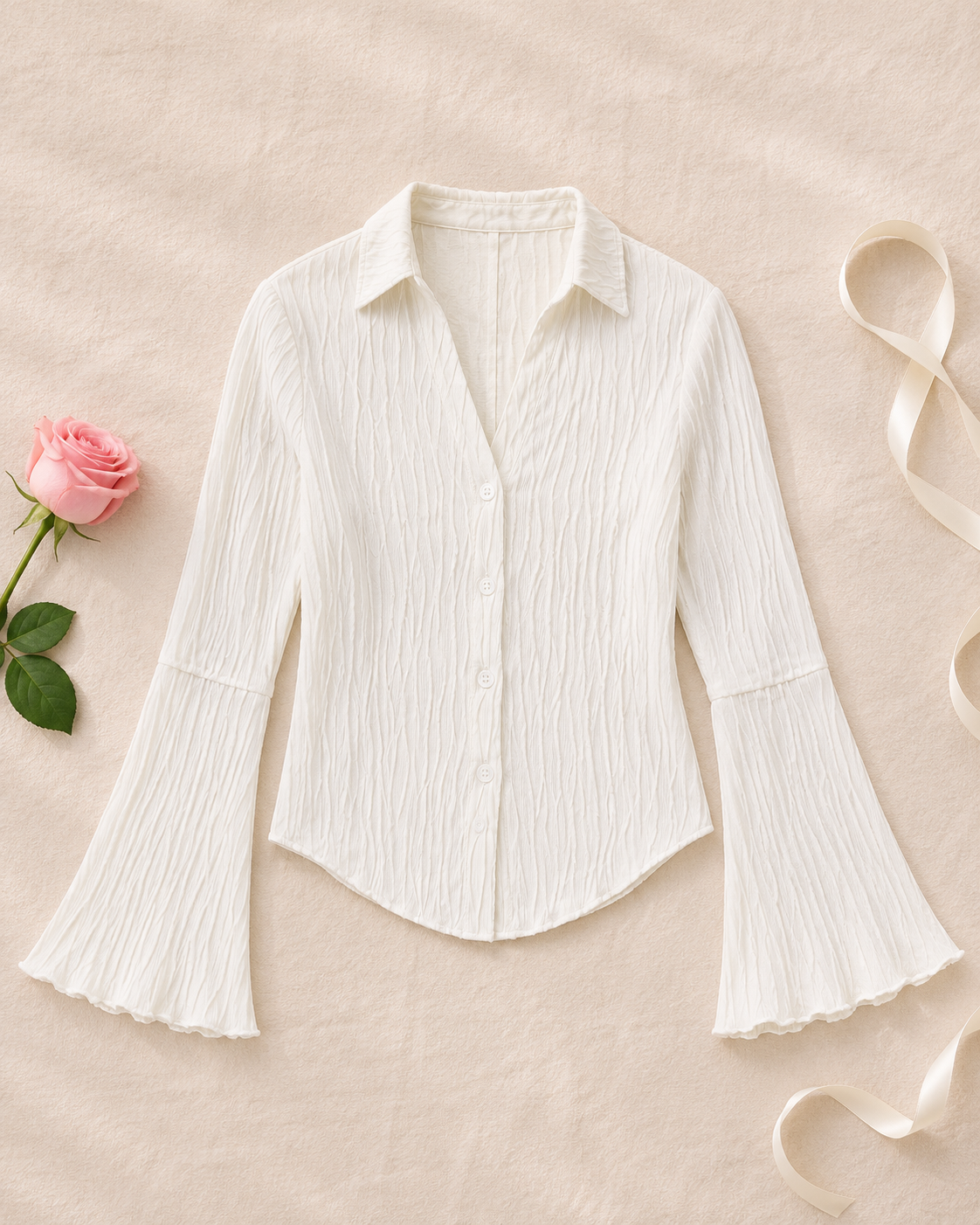 Lapel Cardigan Flare Sleeve Blouse - White flat lay
