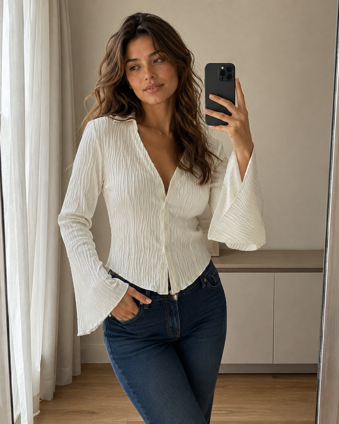 Lapel Cardigan Flare Sleeve Blouse - White lifestyle