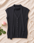 V-neck Ribbed Ice-silk Knit Cardigan - Black flat lay
