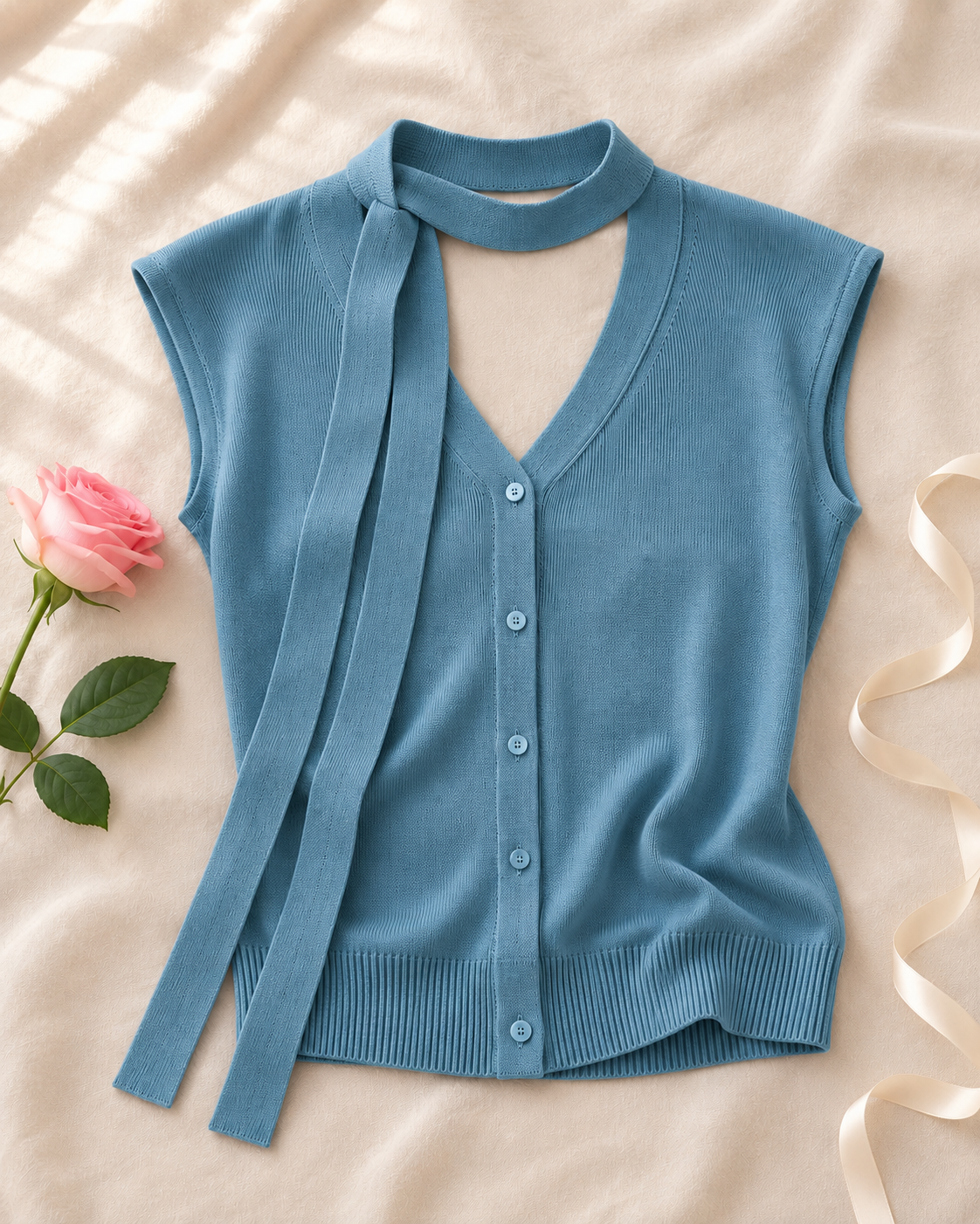 V-neck Ribbed Ice-silk Knit Cardigan - Blue flat lay