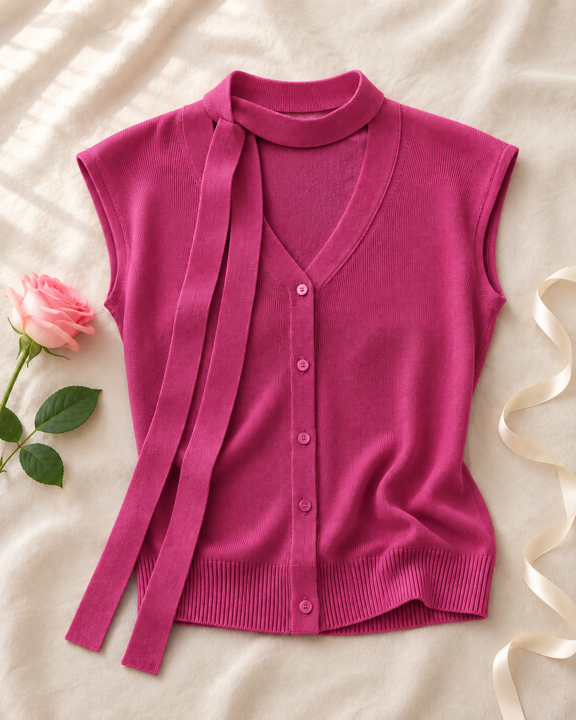 V-neck Ribbed Ice-silk Knit Cardigan - Rose Red flat lay