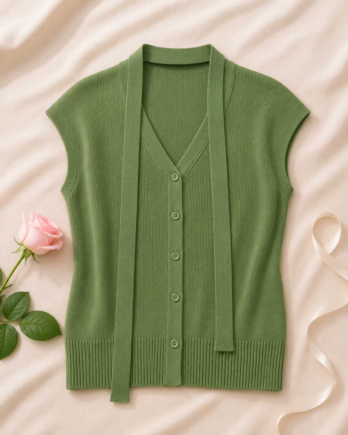 V-neck Ribbed Ice-silk Knit Cardigan - Green flat lay
