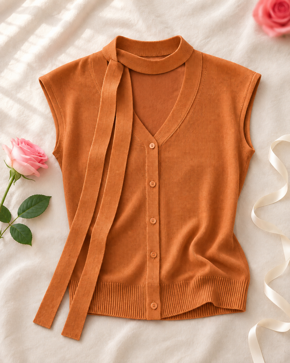 V-neck Ribbed Ice-silk Knit Cardigan - Orange flat lay