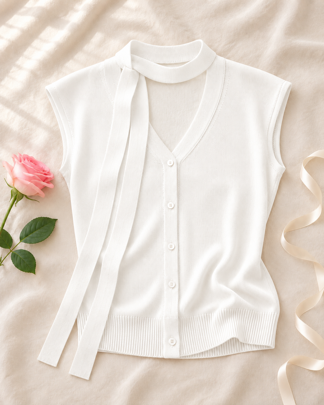 V-neck Ribbed Ice-silk Knit Cardigan - White flat lay
