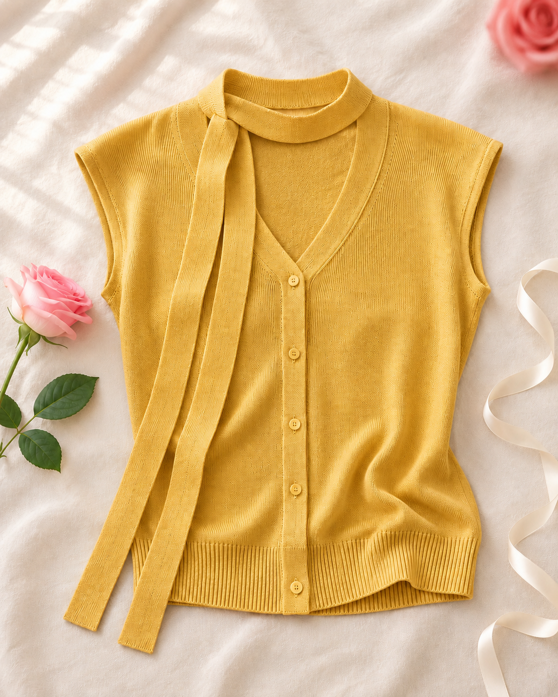 V-neck Ribbed Ice-silk Knit Cardigan - Yellow flat lay