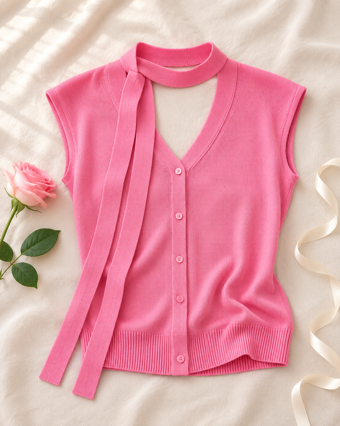 V-neck Ribbed Ice-silk Knit Cardigan - Pink flat lay