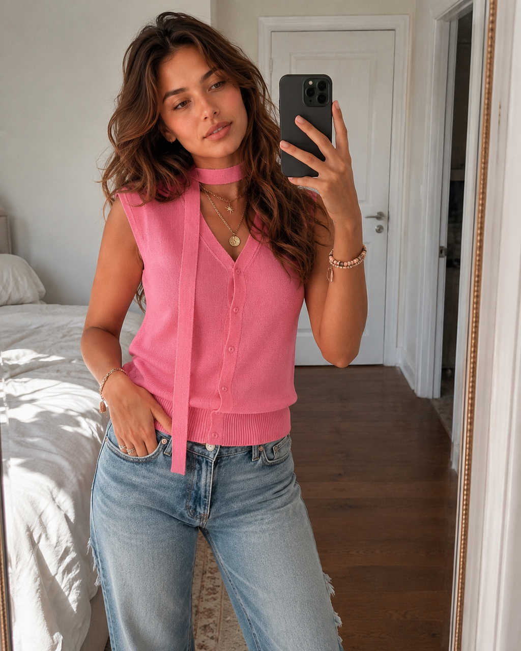 V-neck Ribbed Ice-silk Knit Cardigan - Pink lifestyle