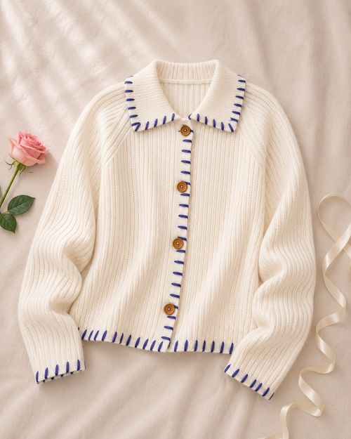 Cropped Knit Cardigan Sweater - Beige flat lay