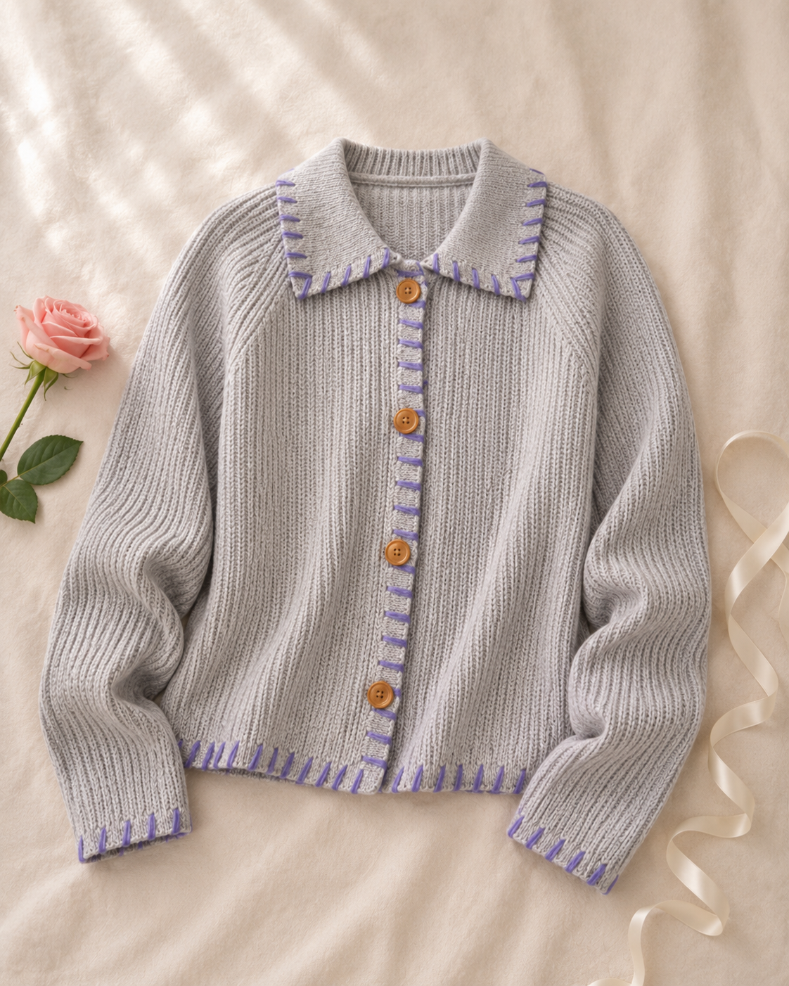 Cropped Knit Cardigan Sweater - Gray flat lay