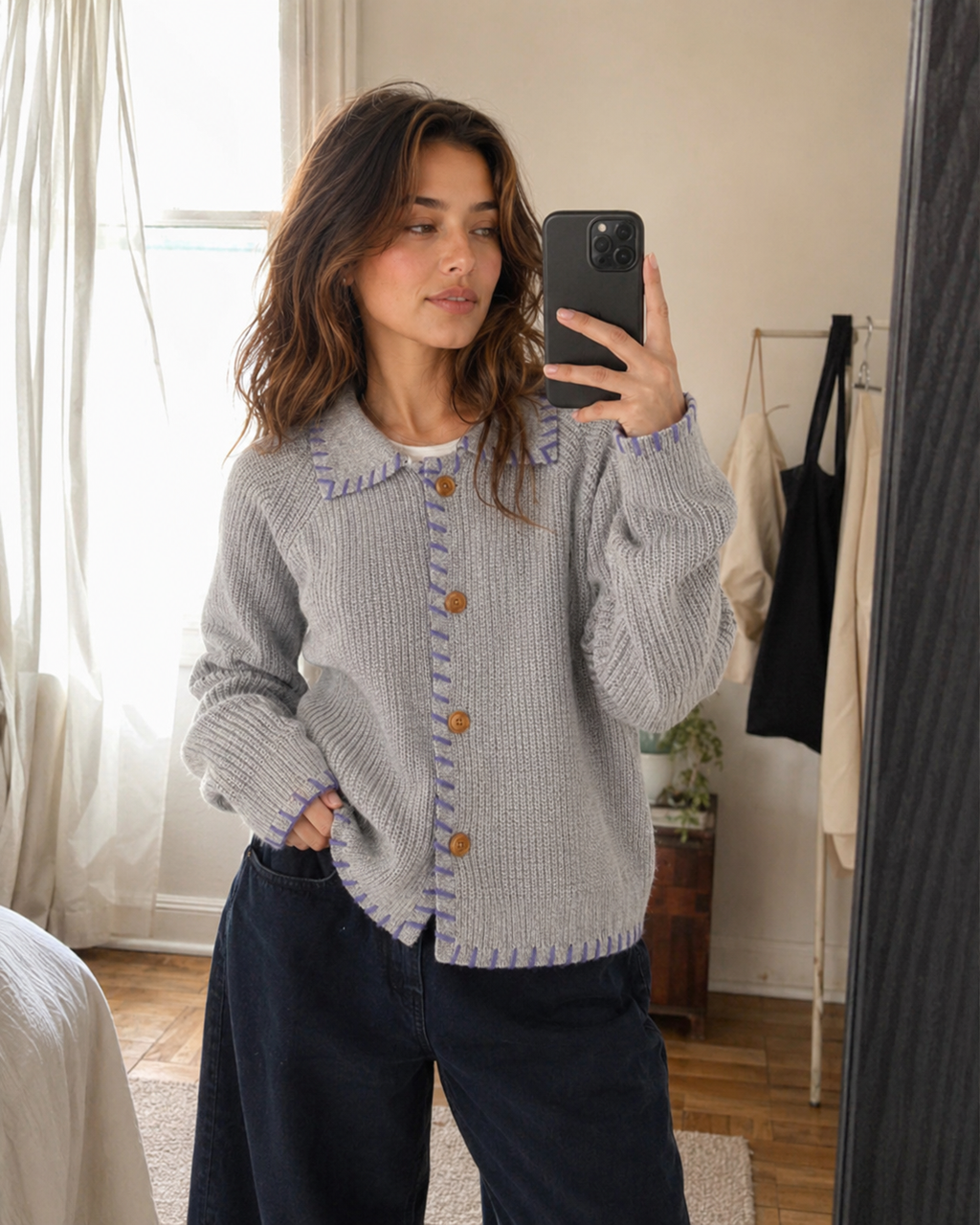 Cropped Knit Cardigan Sweater - Gray lifestyle