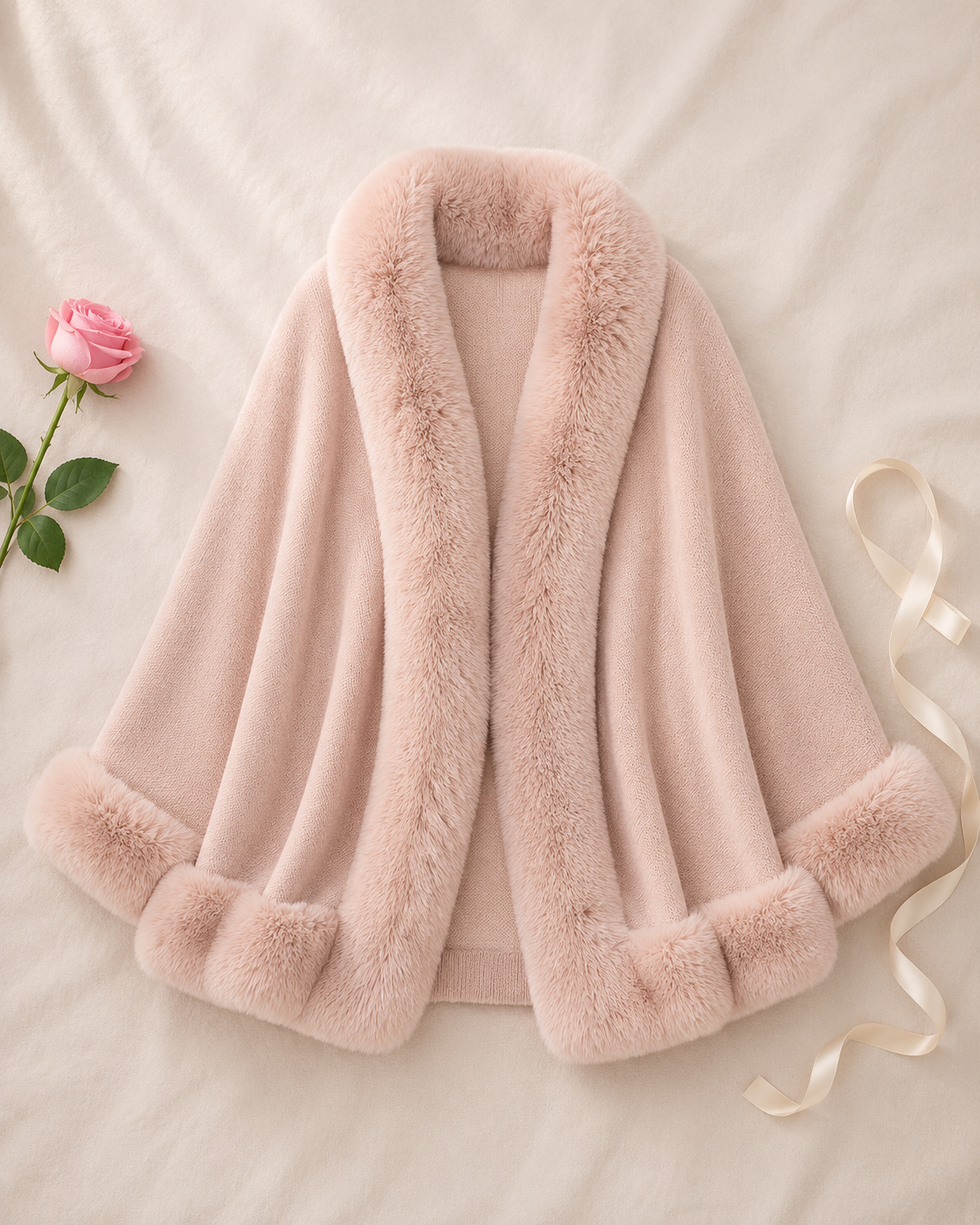 Shawl Cape Knitted Cardigan Coat - Beige flat lay