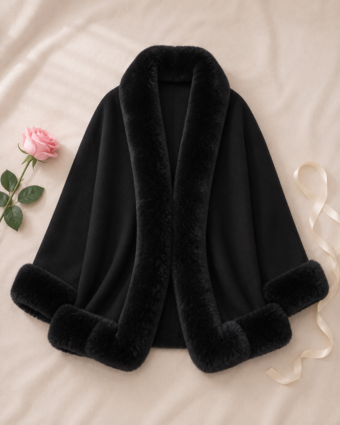 Shawl Cape Knitted Cardigan Coat - Black flat lay