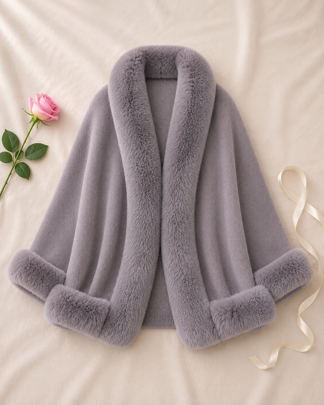 Shawl Cape Knitted Cardigan Coat - Gray flat lay