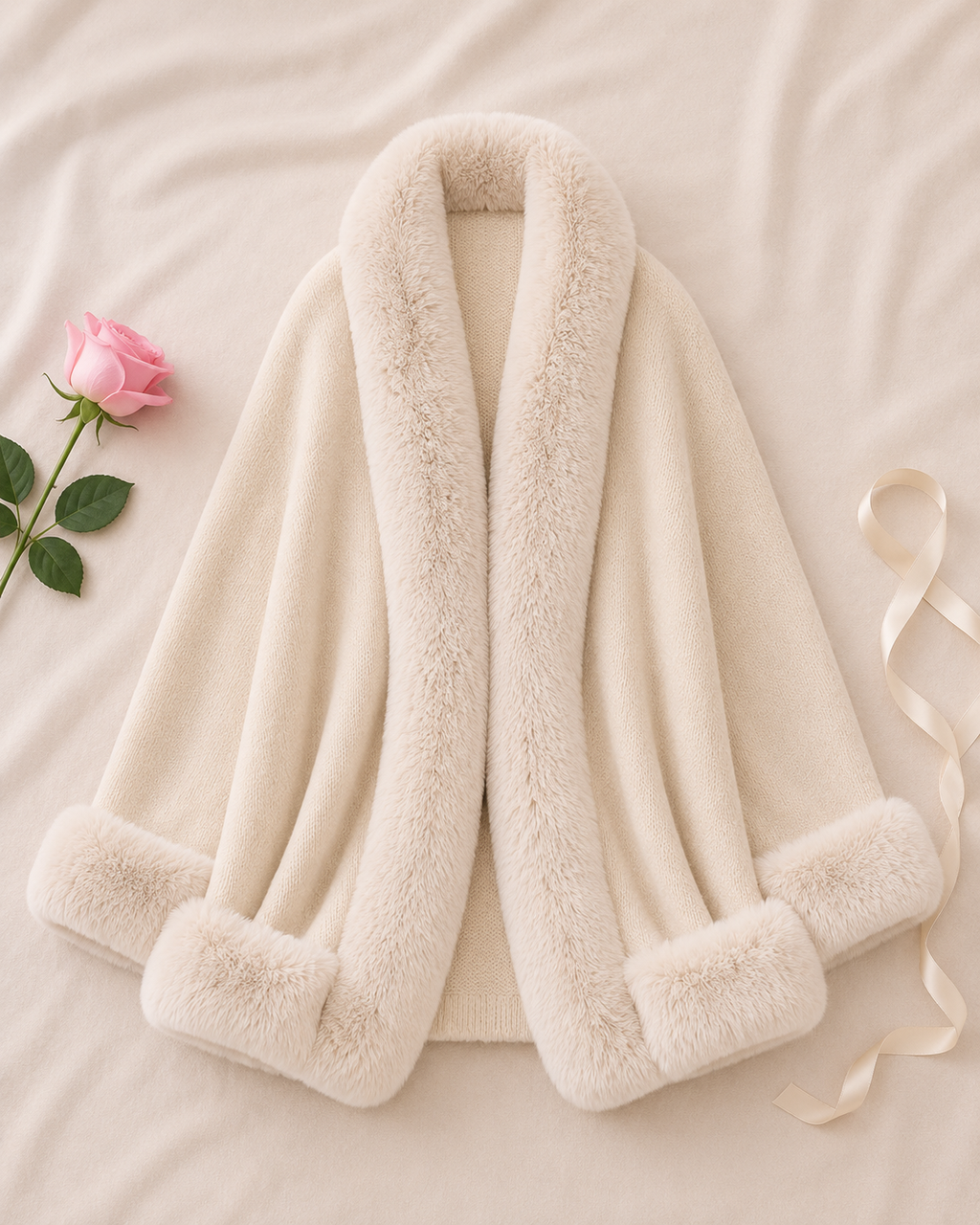 Shawl Cape Knitted Cardigan Coat - White (whitesmoke) flat lay