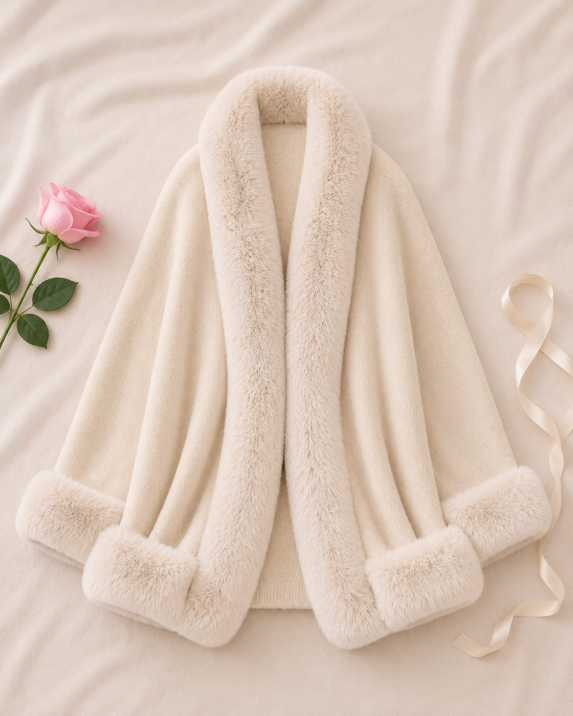 Shawl Cape Knitted Cardigan Coat - White (whitesmoke) flat lay