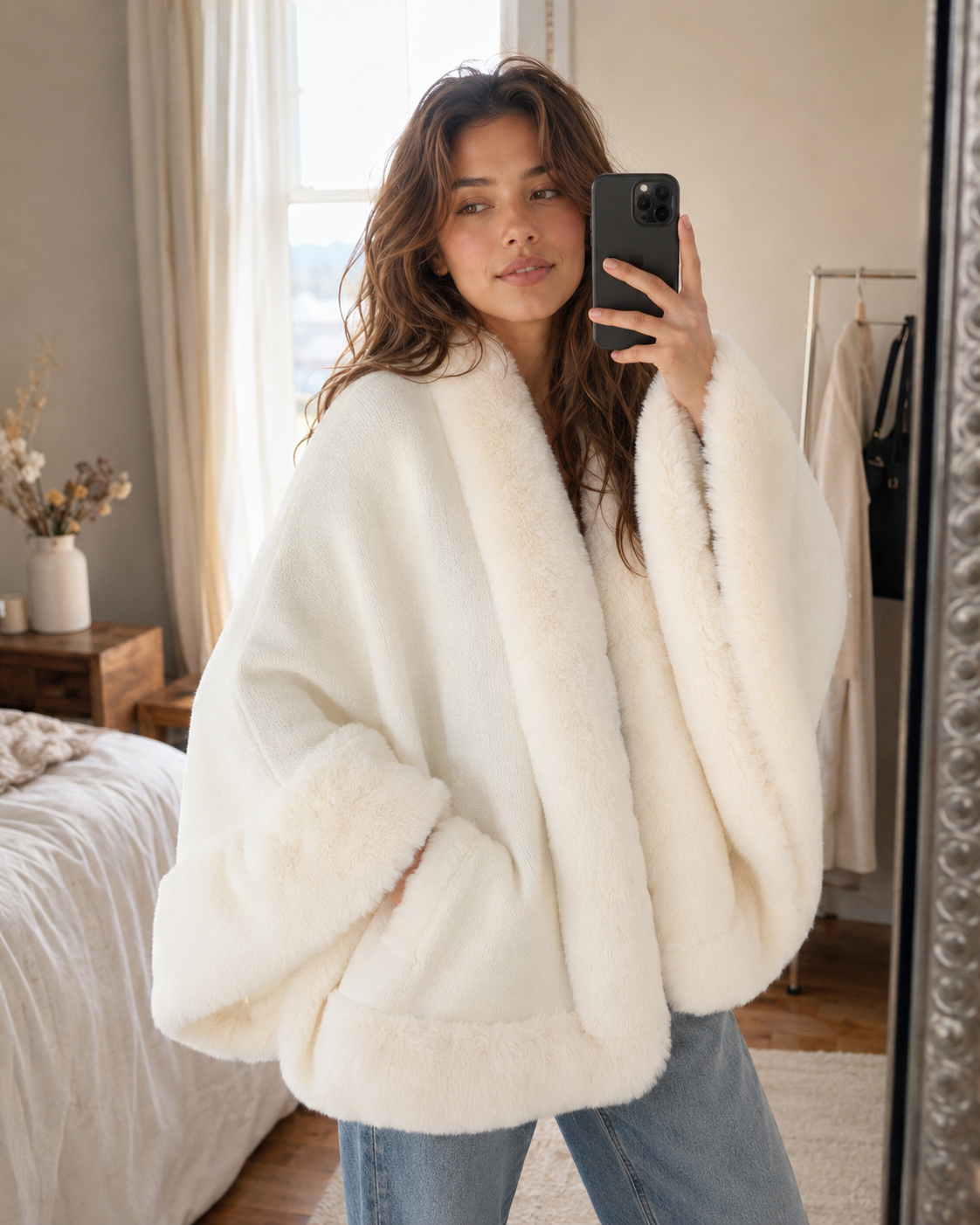 Shawl Cape Knitted Cardigan Coat - White lifestyle