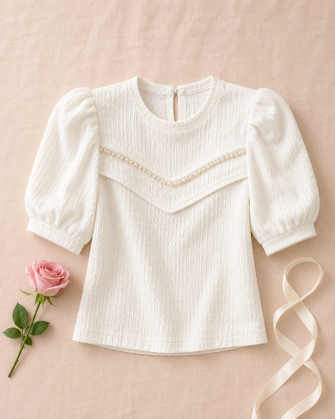 Top Puff Sleeve Solid Color Shirt - White flat lay