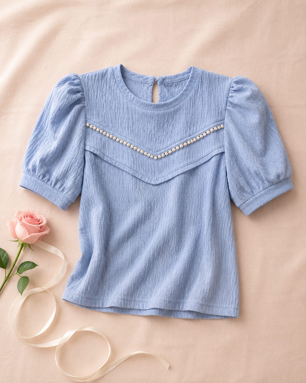 Top Puff Sleeve Solid Color Shirt - Blue flat lay