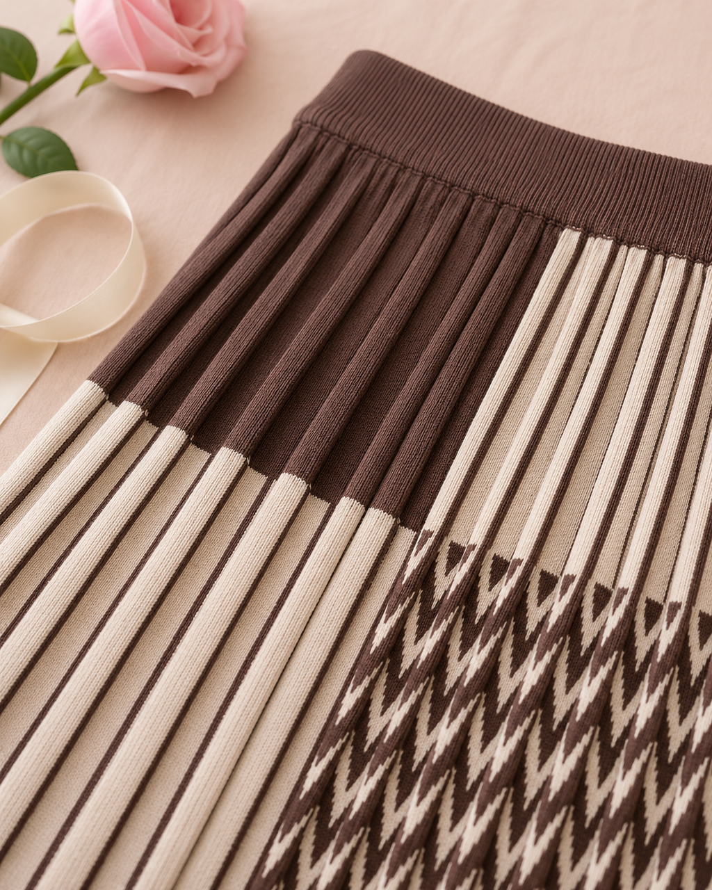 Plaid Pleated Knit Skirt - Brown detail closeup