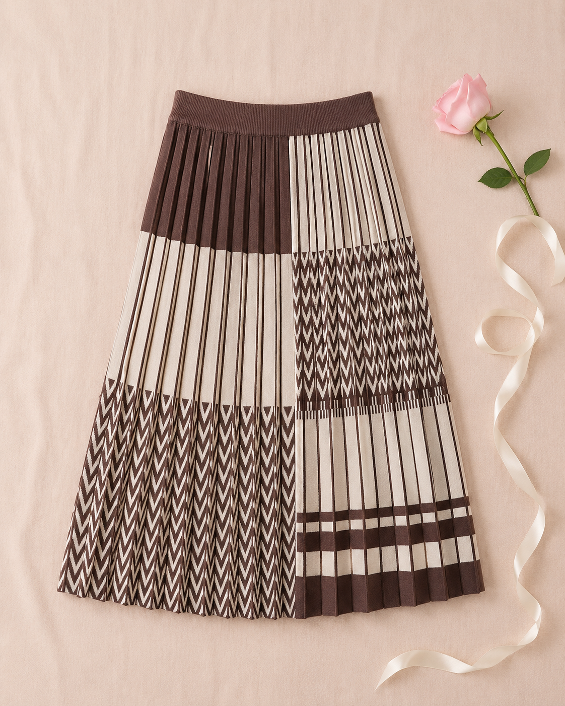 Plaid Pleated Knit Skirt - Brown flat lay