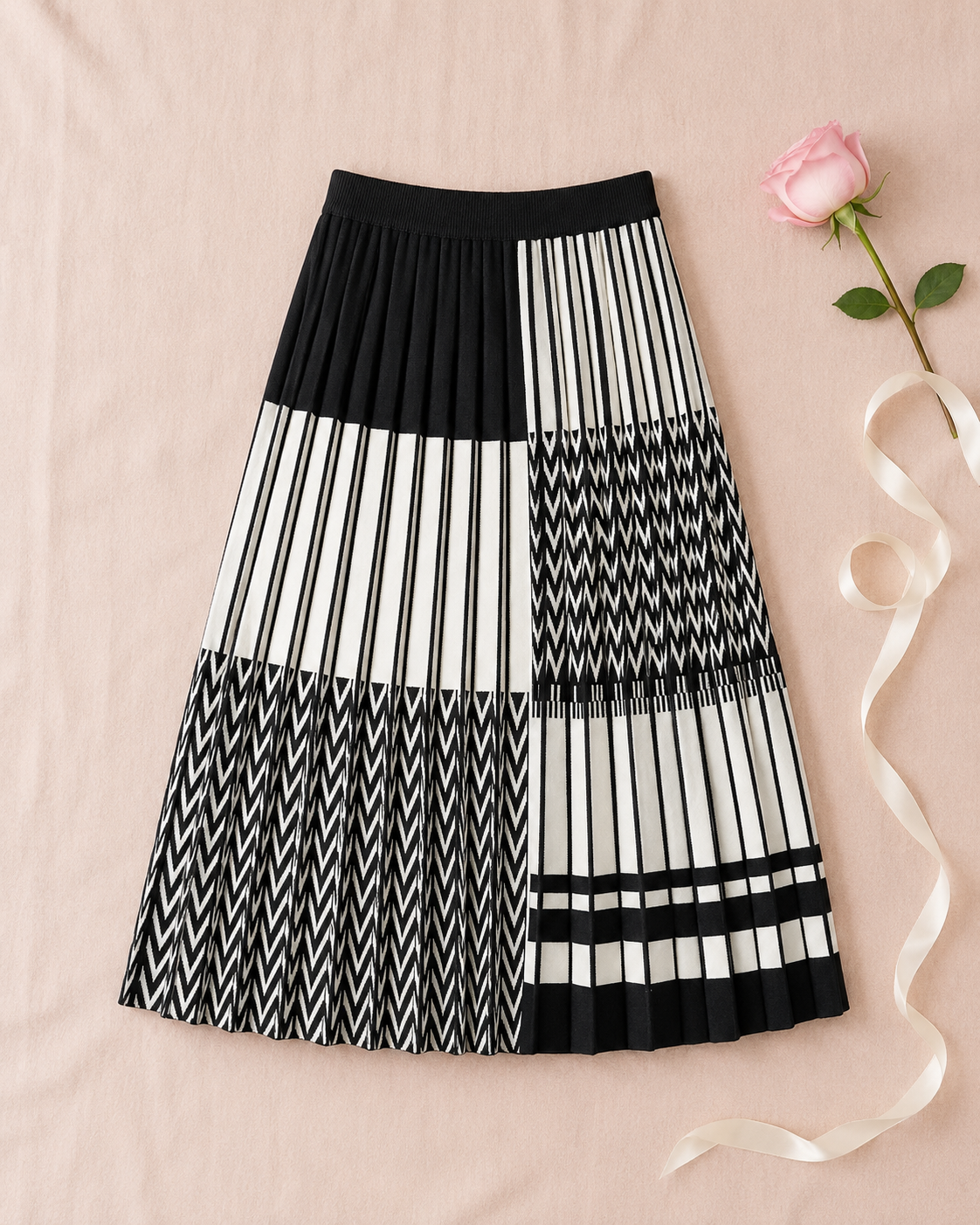 Plaid Pleated Knit Skirt - Black flat lay