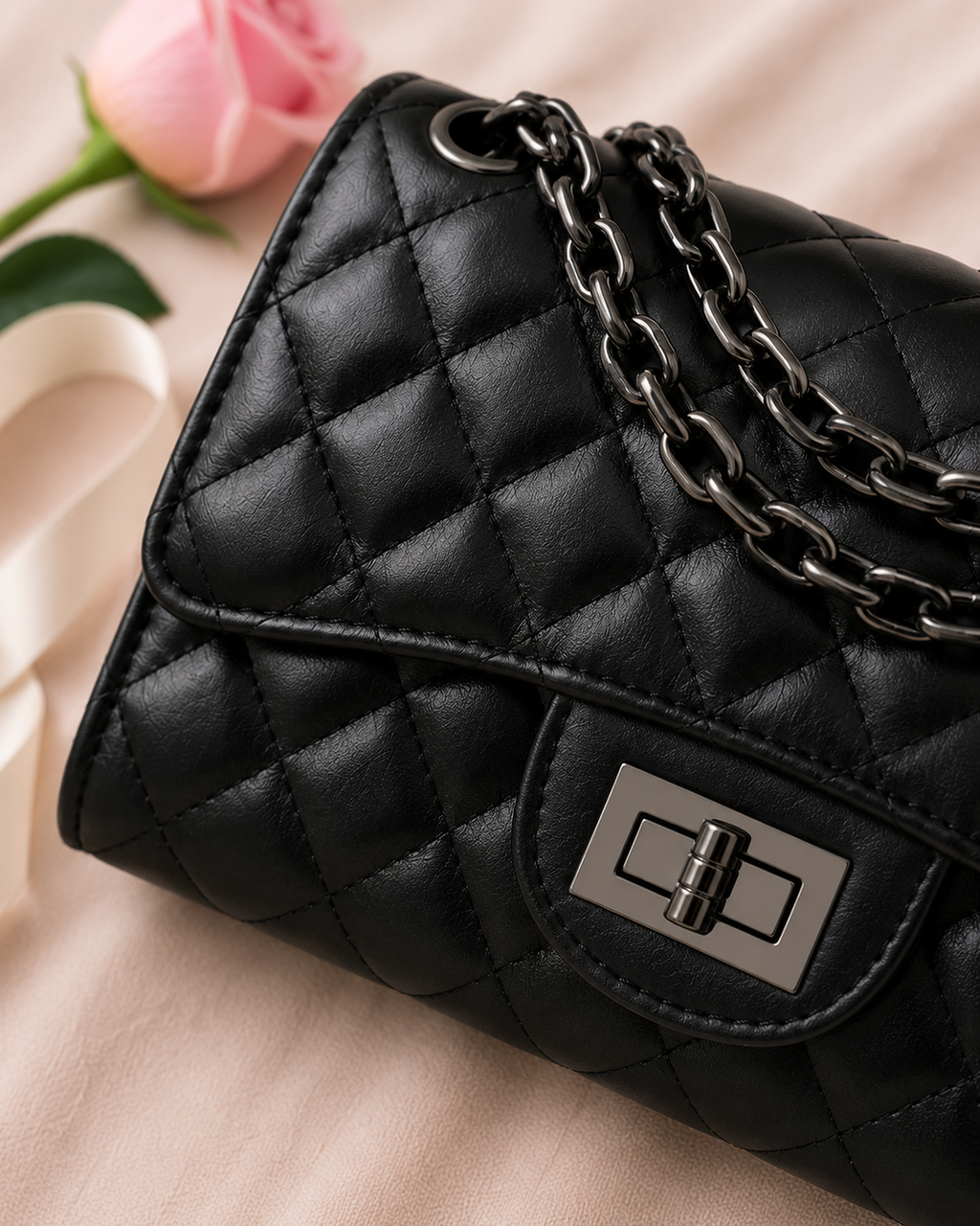 Women Quilted Leather Crossbody Shoulder Bag - Black detail closeup