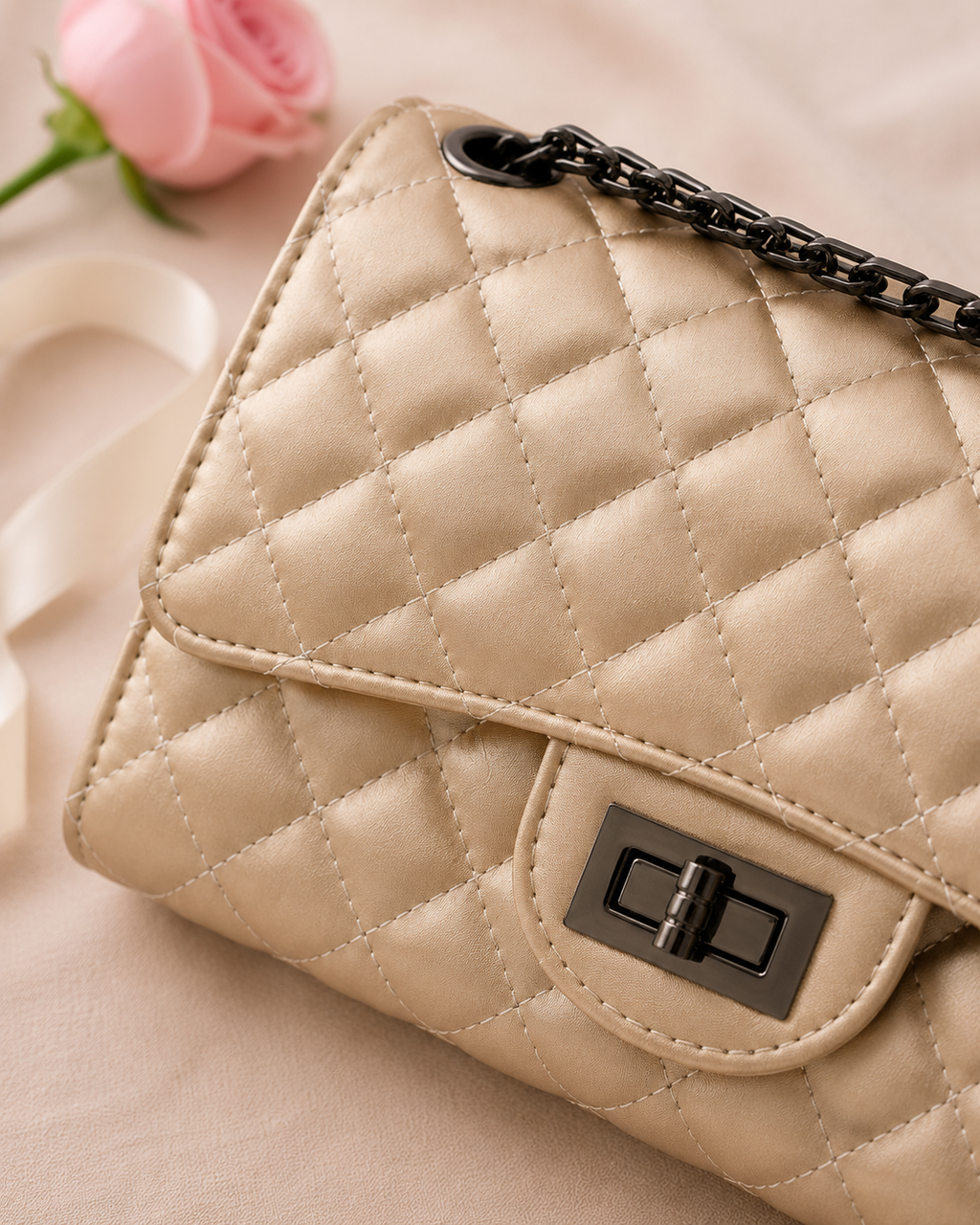 Women Quilted Leather Crossbody Shoulder Bag - Gold detail closeup