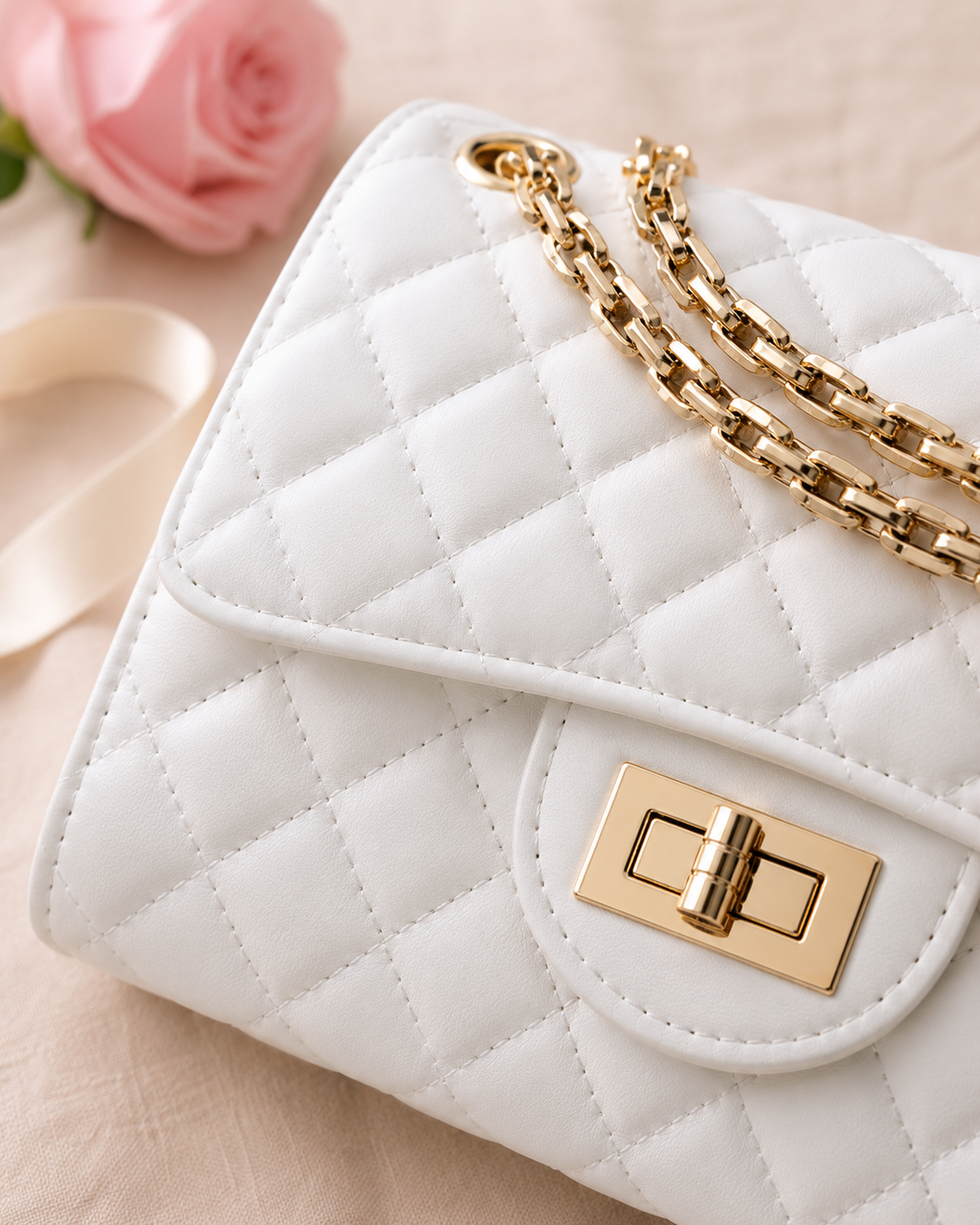 Women Quilted Leather Crossbody Shoulder Bag - White detail closeup