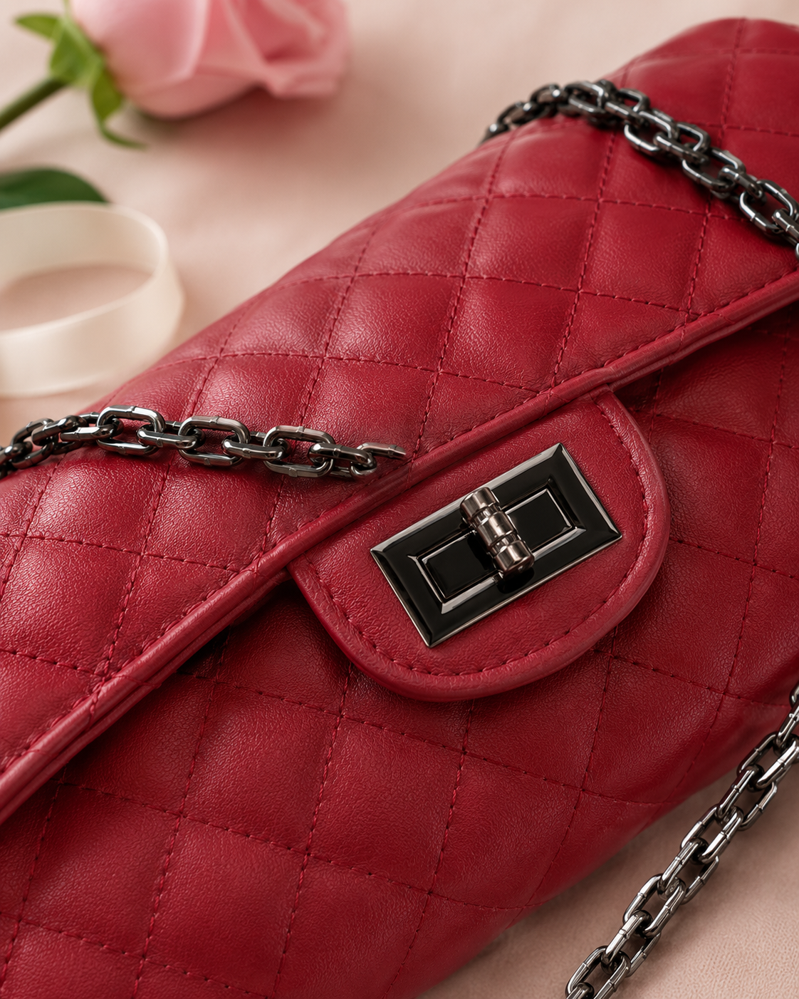 Women Quilted Leather Crossbody Shoulder Bag - Red detail closeup
