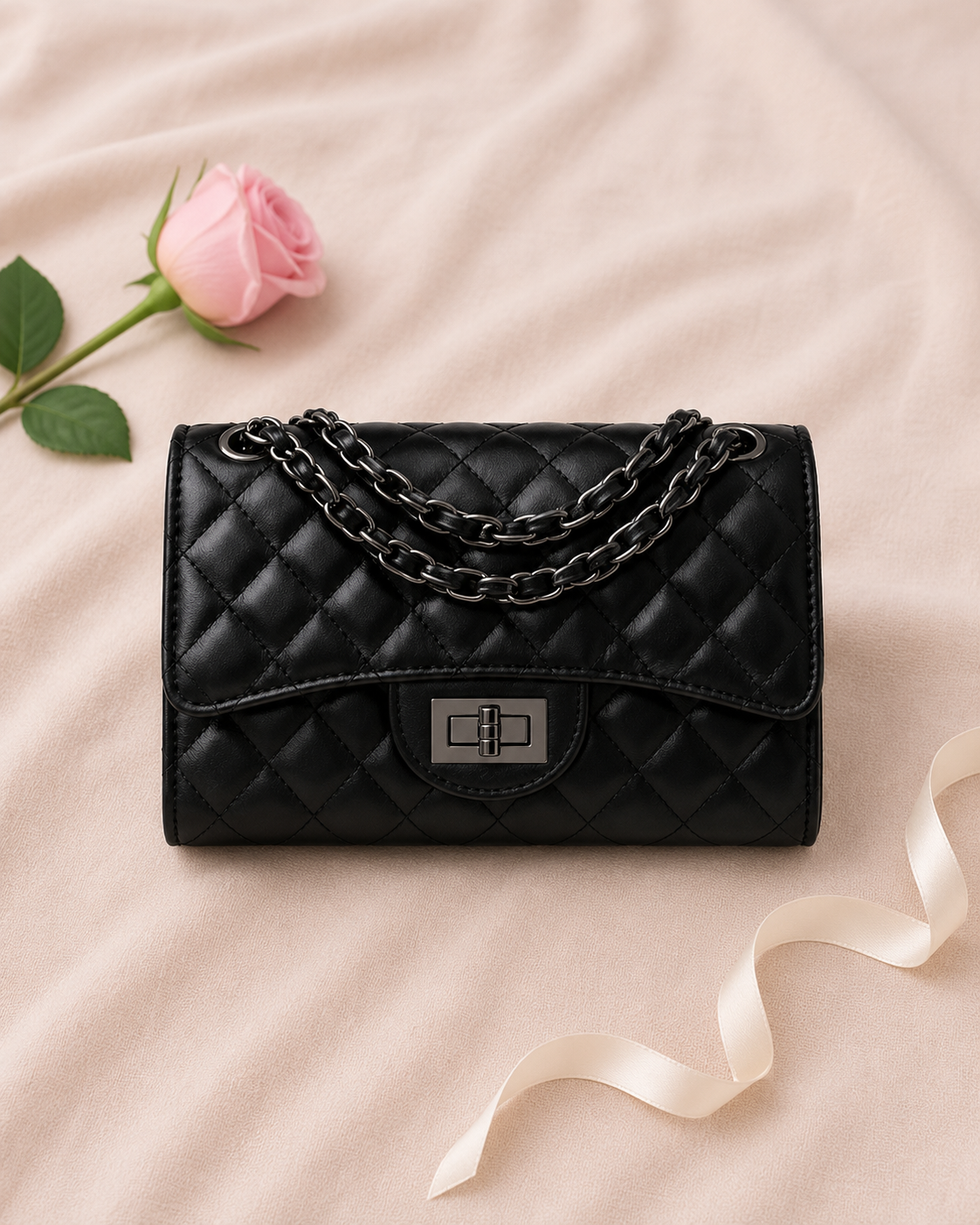 Women Quilted Leather Crossbody Shoulder Bag - Black flat lay