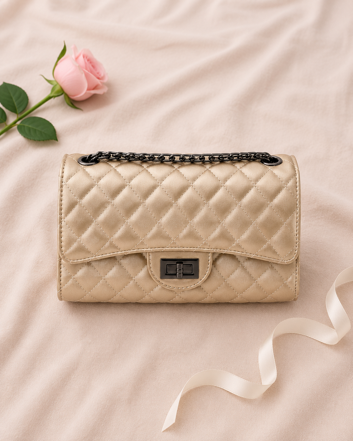 Women Quilted Leather Crossbody Shoulder Bag - Gold flat lay