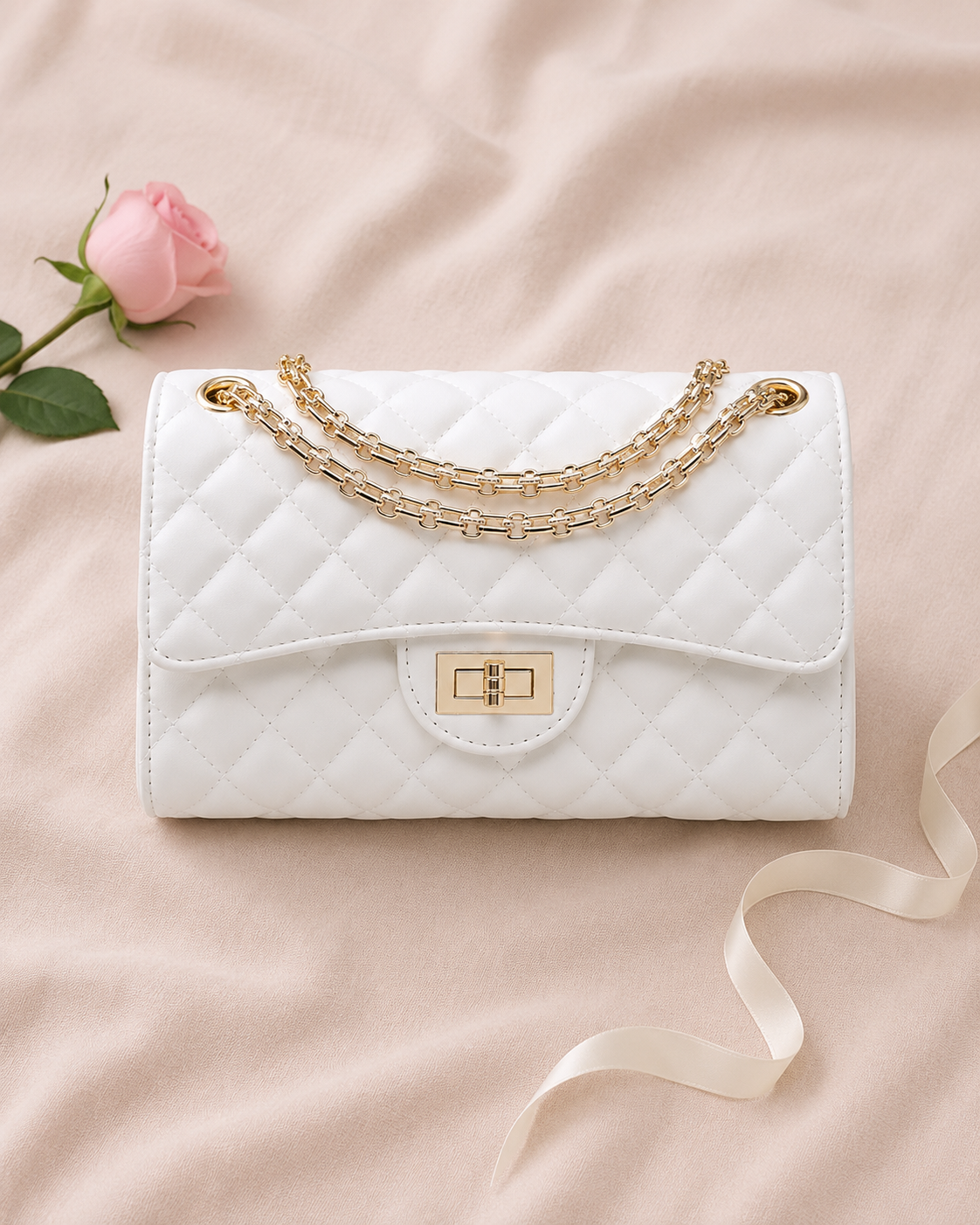 Women Quilted Leather Crossbody Shoulder Bag - White flat lay