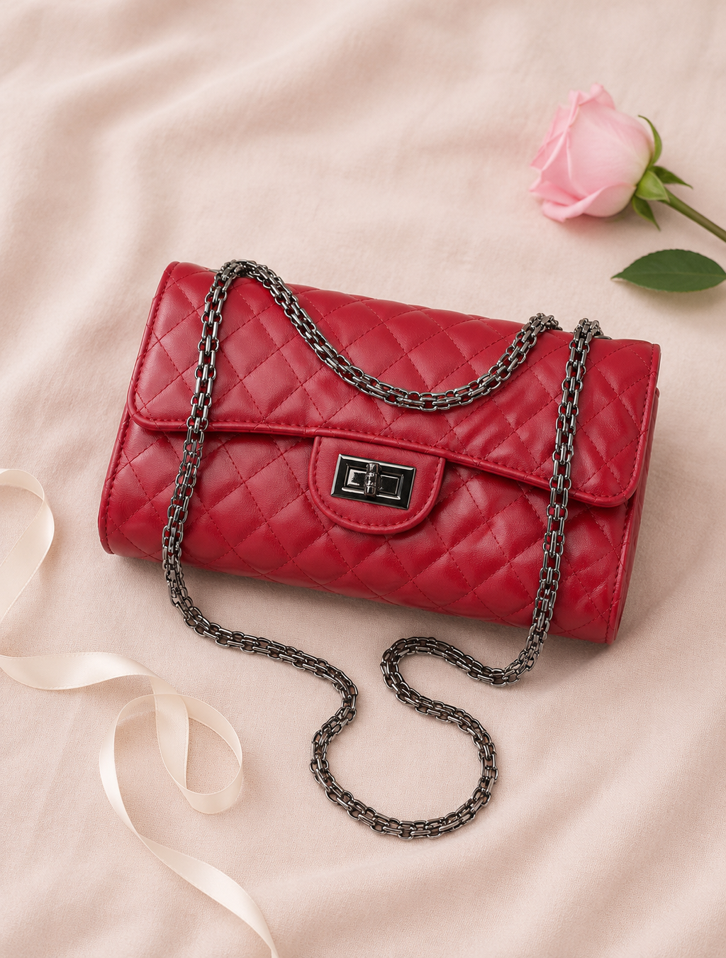 Women Quilted Leather Crossbody Shoulder Bag - Red flat lay