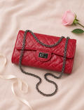Women Quilted Leather Crossbody Shoulder Bag - Red flat lay
