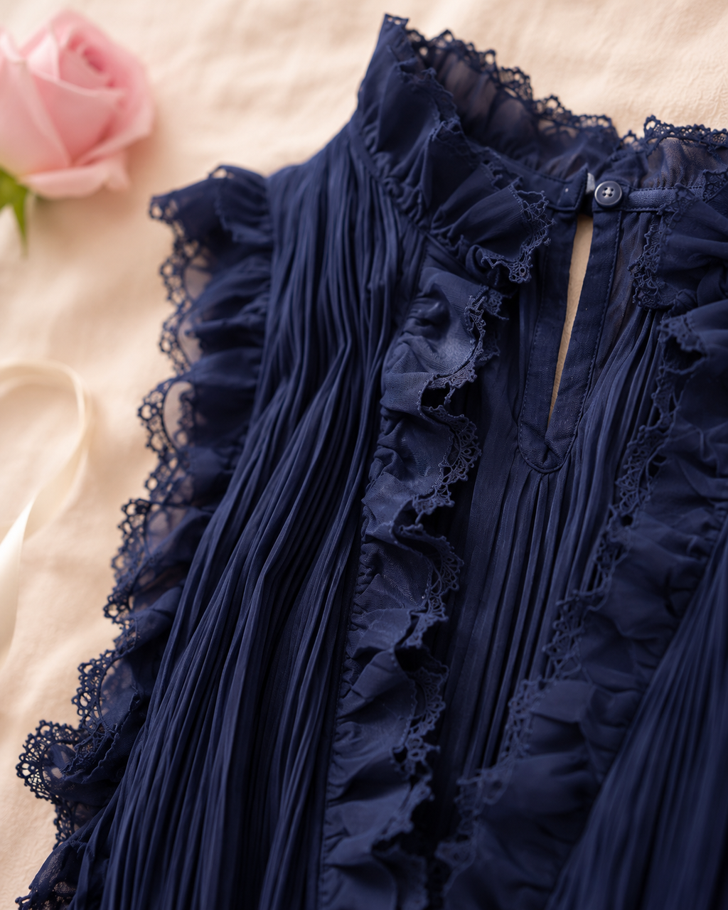 Navy Blue Lace Trim Sleeveless V-Neck Mini Dress - detail closeup