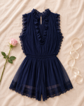 Navy Blue Lace Trim Sleeveless V-Neck Mini Dress - flat lay