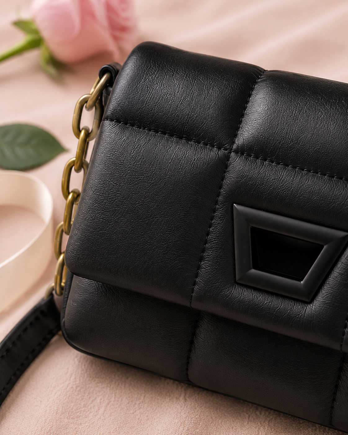 Mini Quilted Embroidered Shoulder Bag Chain - Black detail closeup