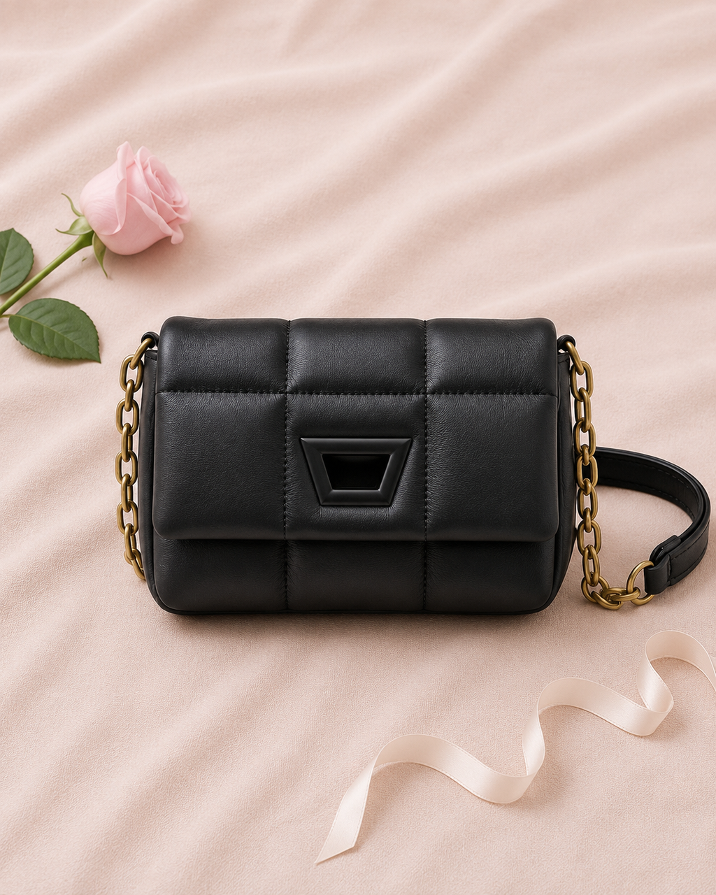 Mini Quilted Embroidered Shoulder Bag Chain - Black flat lay