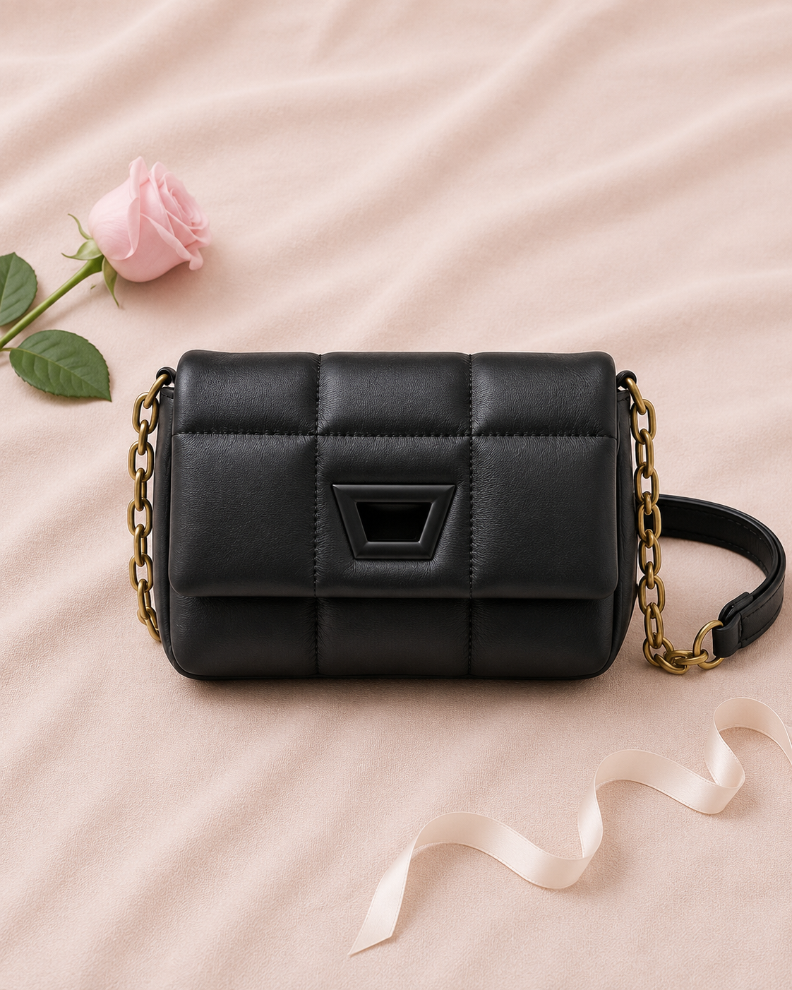 Mini Quilted Embroidered Shoulder Bag Chain - Black flat lay