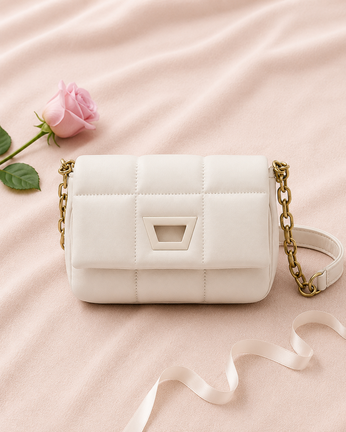 Mini Quilted Embroidered Shoulder Bag Chain - White flat lay