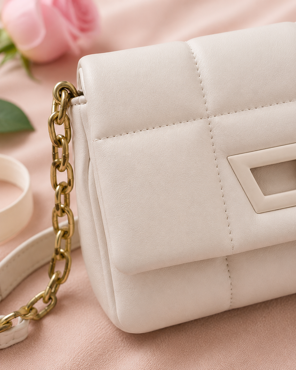 Mini Quilted Embroidered Shoulder Bag Chain - White detail closeup