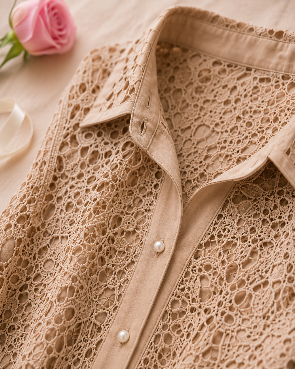 Fashion Temperament Lace Mini Lace Dress - Beige detail closeup