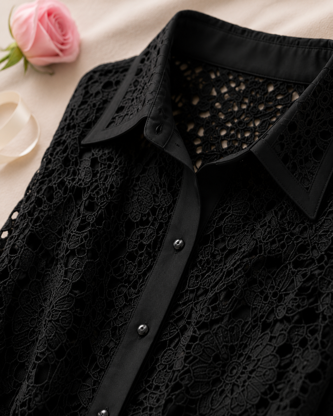 Fashion Temperament Lace Mini Lace Dress - Black detail closeup