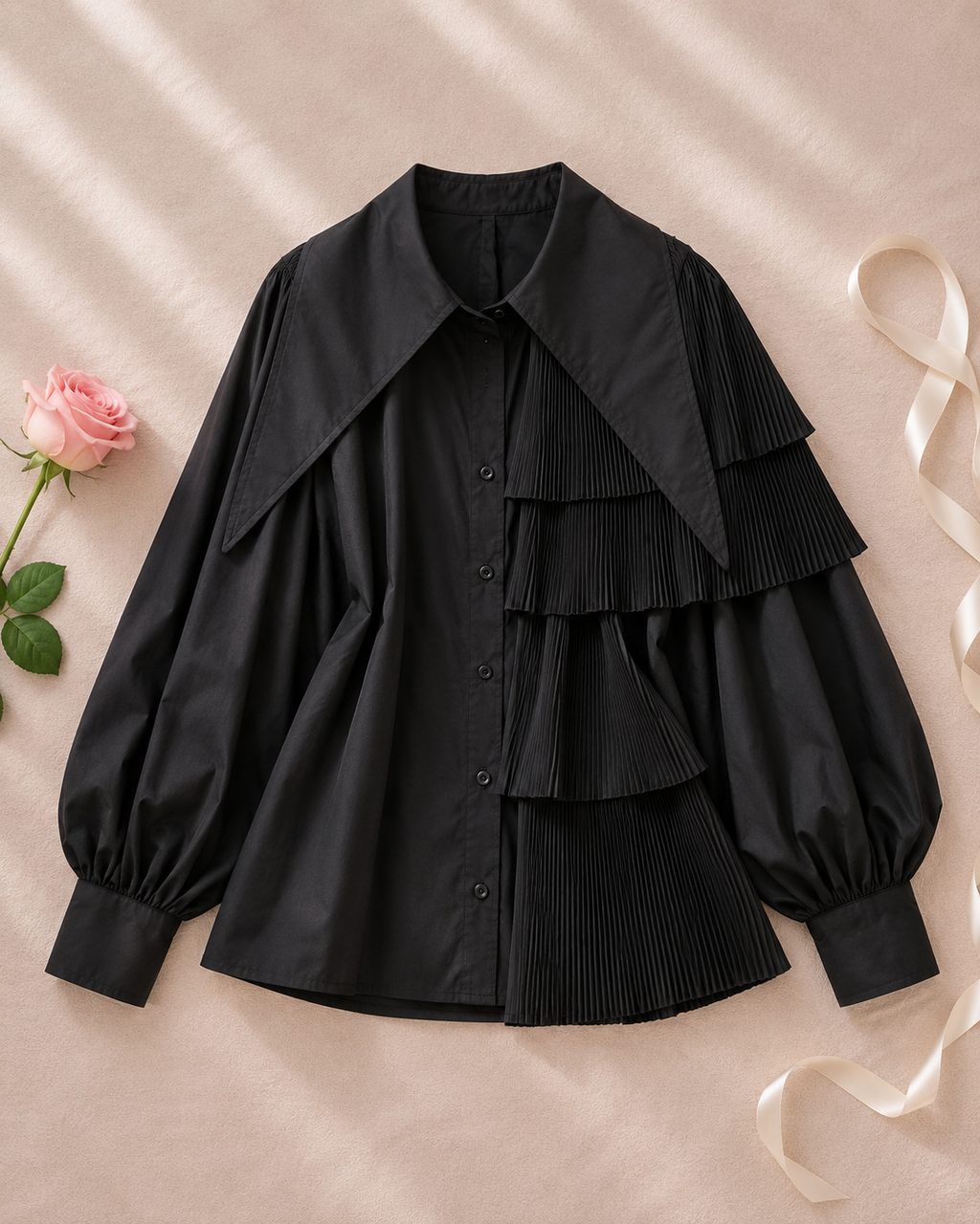 Fried Street Puff Sleeve Pleated Ruffle Blouse - Black flat lay