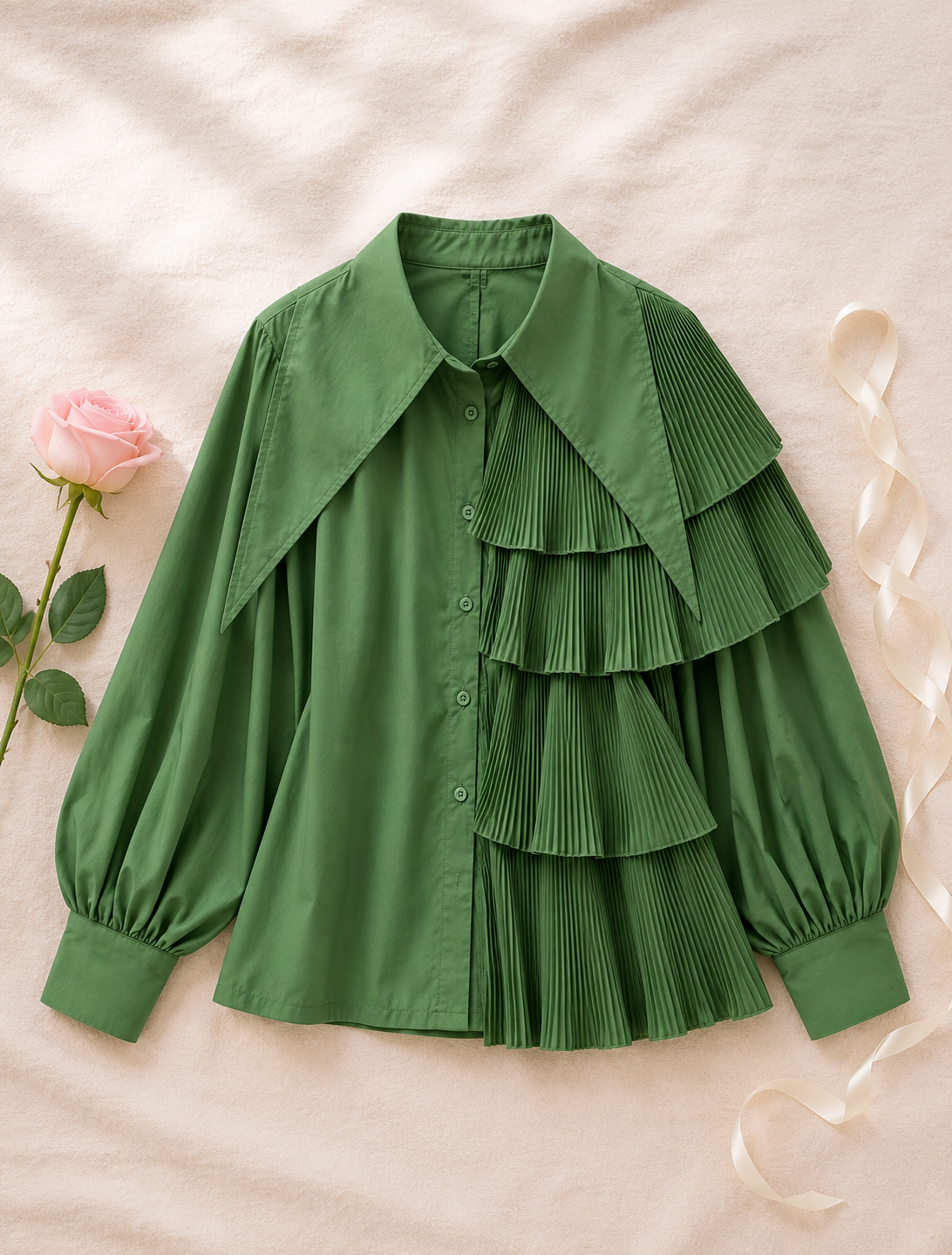 Fried Street Puff Sleeve Pleated Ruffle Blouse - Green flat lay